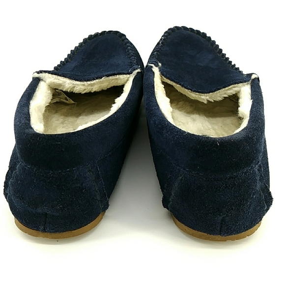 Lands End Suede Leather Moccasins Slippers Navy Blue Faux Fur Lining 7B - Picture 4 of 9